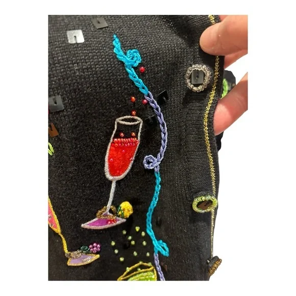 80s BERER 2 BLACK & MULTI-COLOR COCKTAILS HOUR W STREAMERS CARDIGAN SWEATER SZ S - Picture 9 of 12